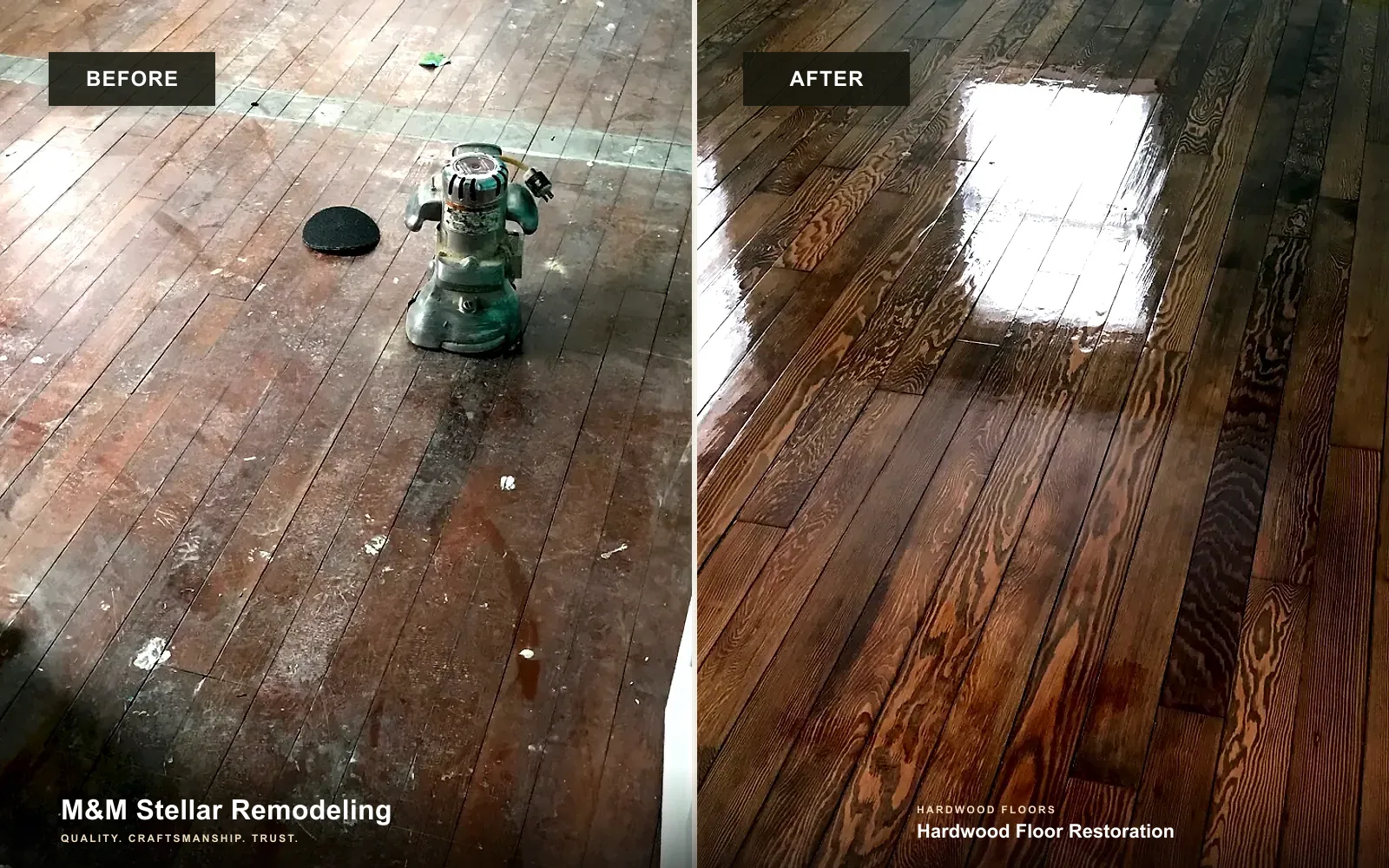 Premium before and after comparison of an M&M Stellar hardwood floor restoration.