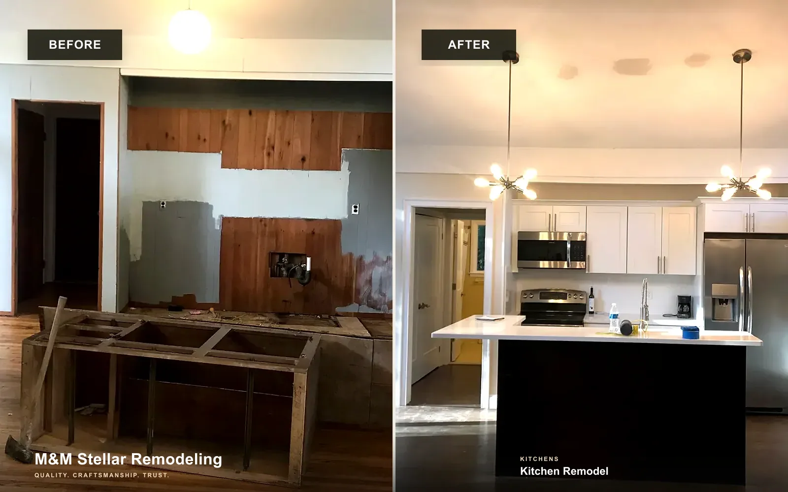 Premium before and after comparison of an M&M Stellar kitchen remodel.