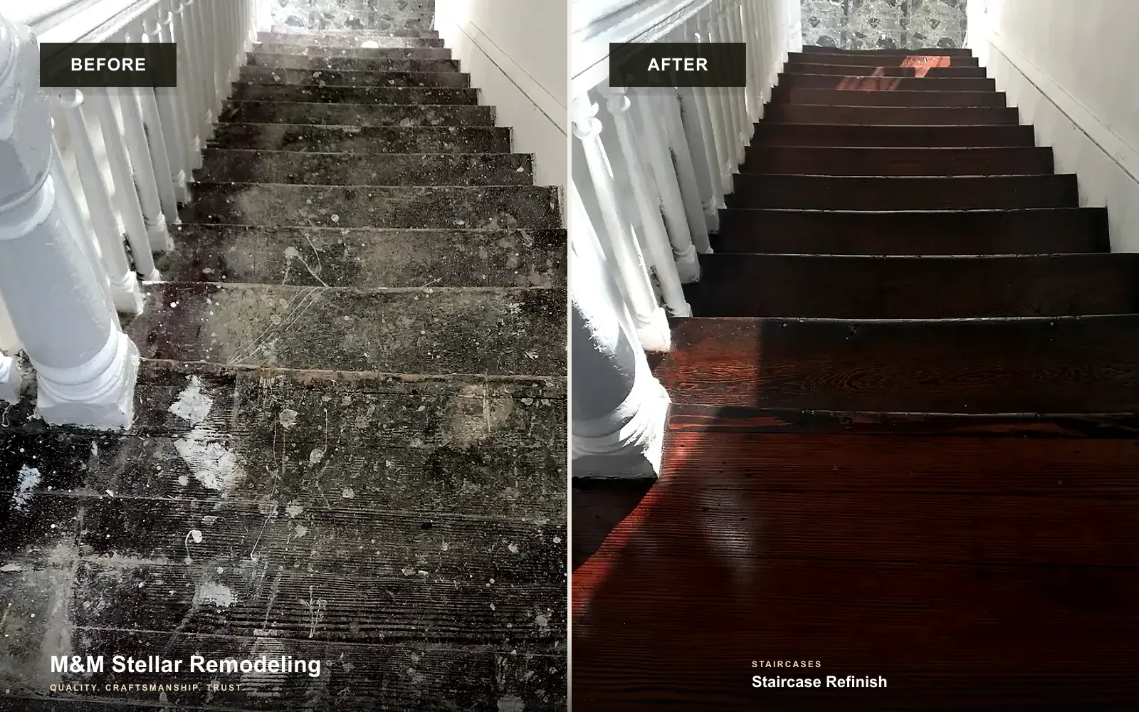 Premium before and after comparison of an M&M Stellar staircase refinish.